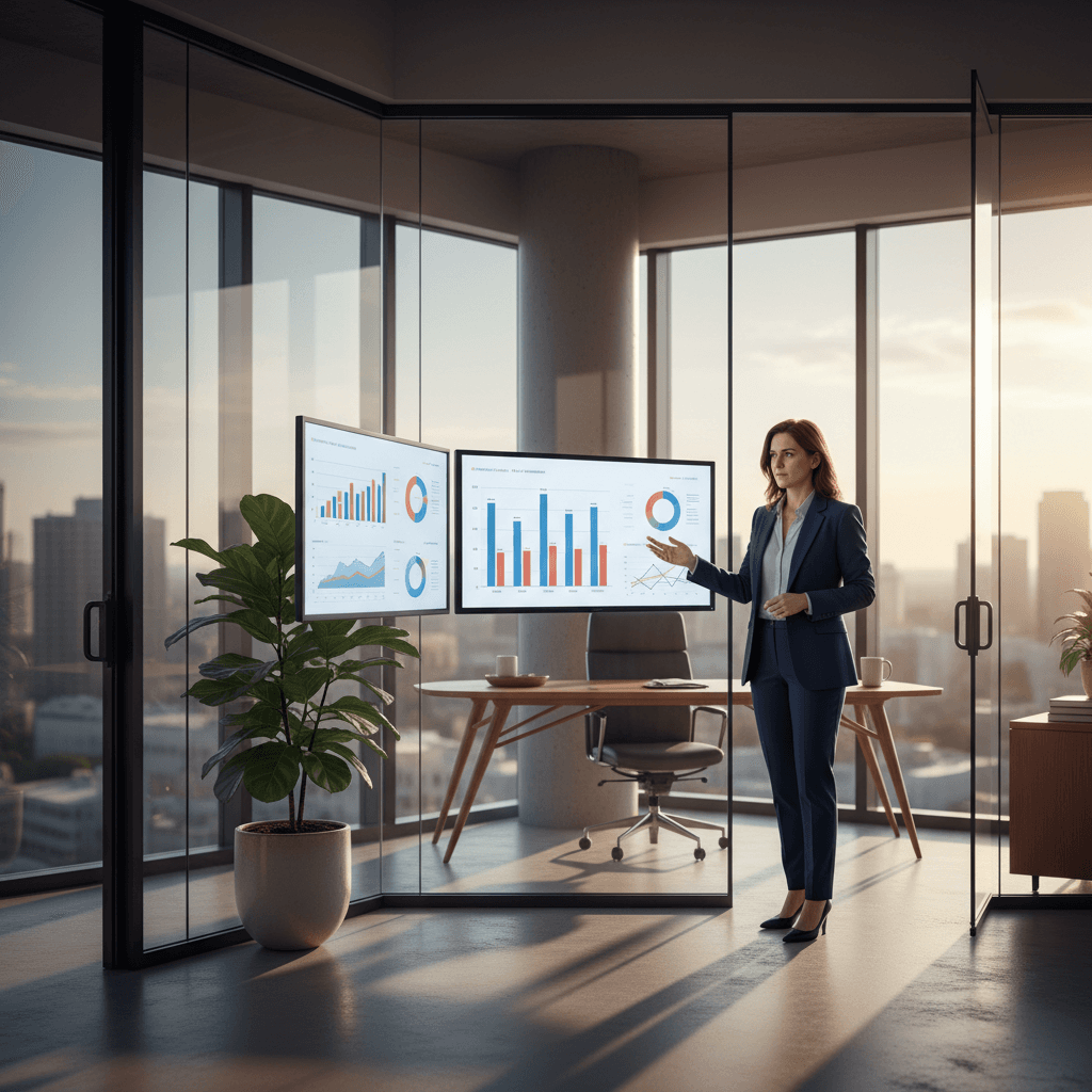 AI-powered legal marketing agency shown through a marketing strategist reviewing campaign dashboards in a modern law-firm office