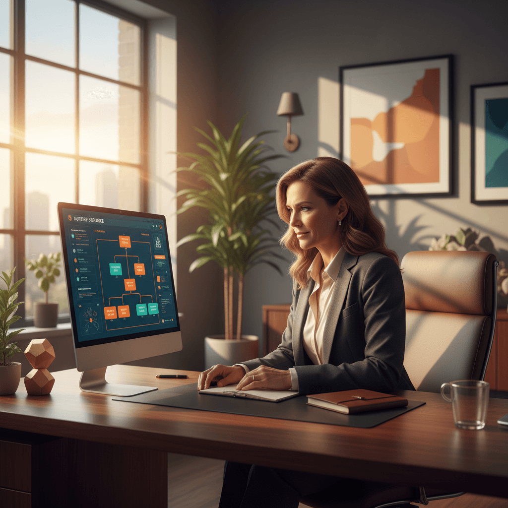 Attorney email marketing shown through a personal injury lawyer reviewing a nurture sequence dashboard in a modern law office