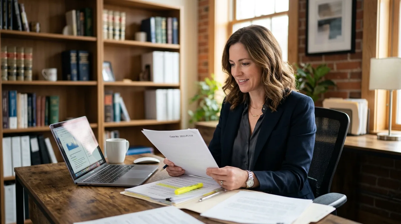 Personal injury lawyer marketing agency for small firms: an attorney reviewing case files in a small modern law office