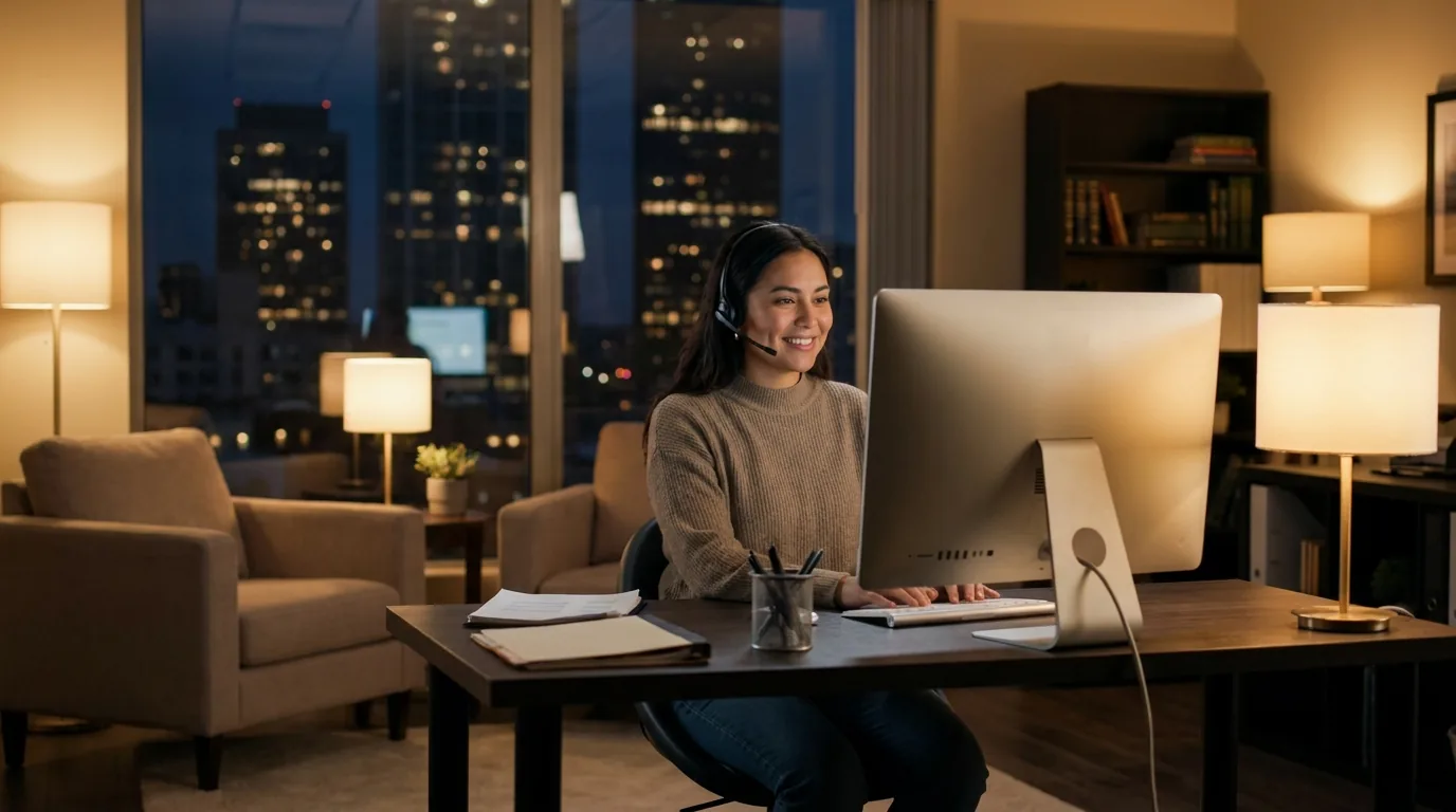 Bilingual answering service for law firms shown through a Spanish-speaking intake specialist taking an after-hours accident call in a modern office