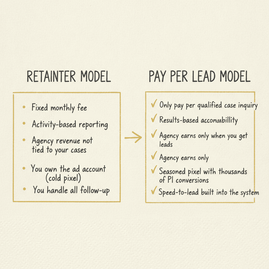 Personal injury law firm owner reviewing pay per lead vs retainer marketing agency model comparison