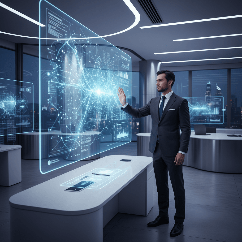 AI for law firm marketing shown through a modern law office with digital data overlays and a lawyer reviewing analytics on a screen