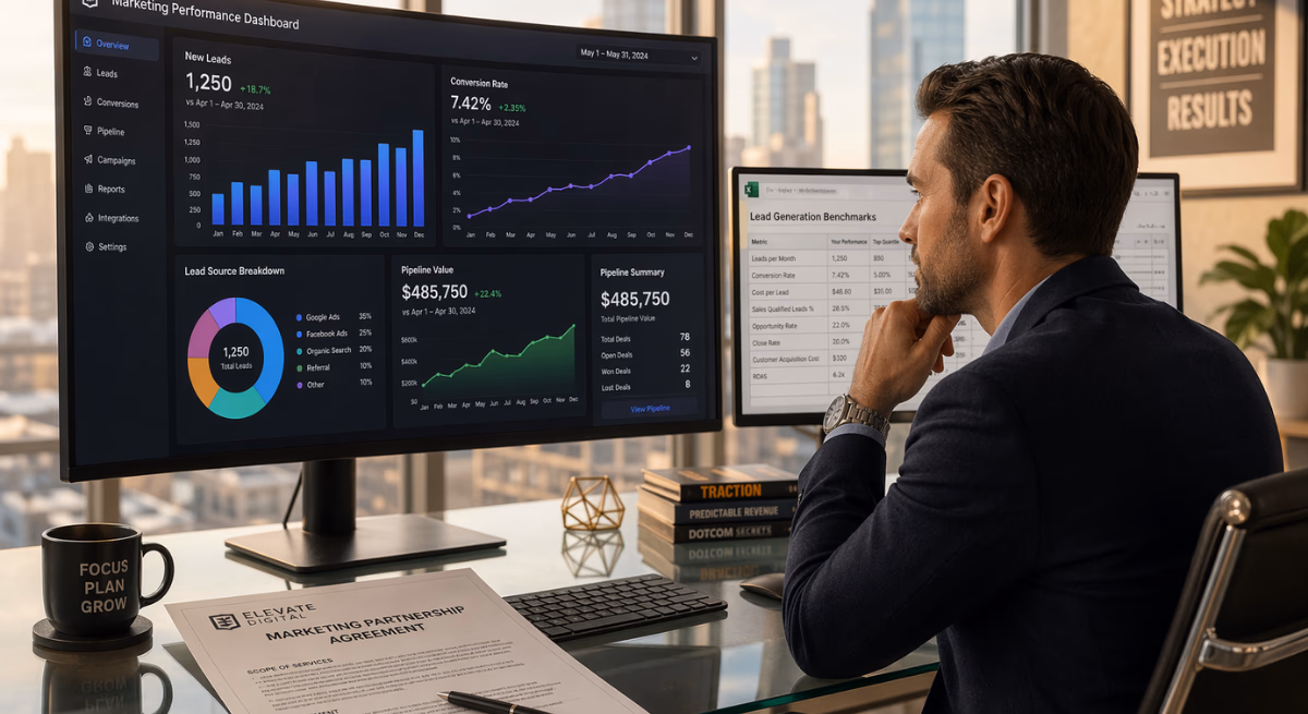 Business owner analyzing a performance dashboard to understand how many leads should marketing generate each month