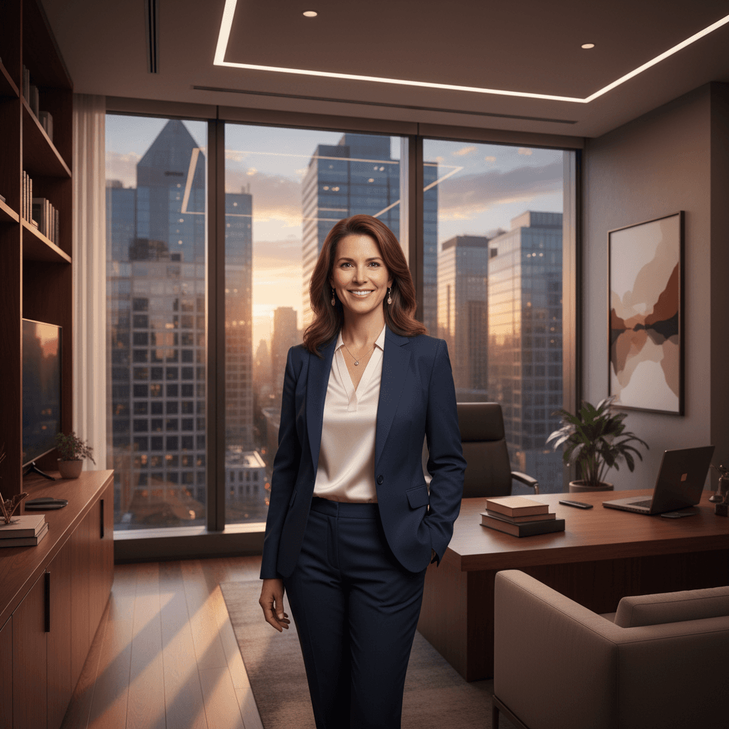Law firm branding shown through a confident personal injury attorney in a modern, warmly lit office