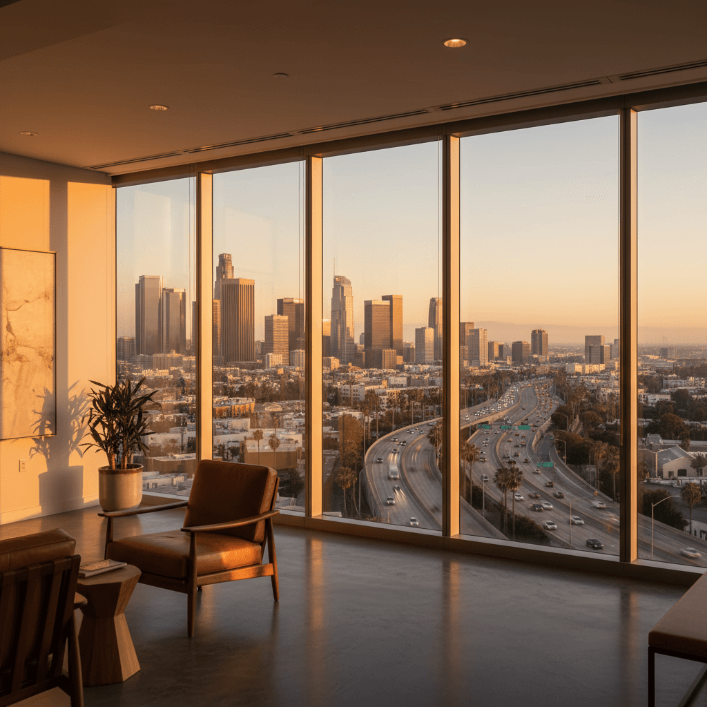 Law firm marketing in Los Angeles illustrated through a downtown LA skyline at golden hour with a personal injury firm office in view