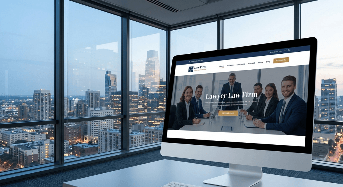 Law firm SEO shown through professional law firm website displayed on desktop monitor in office