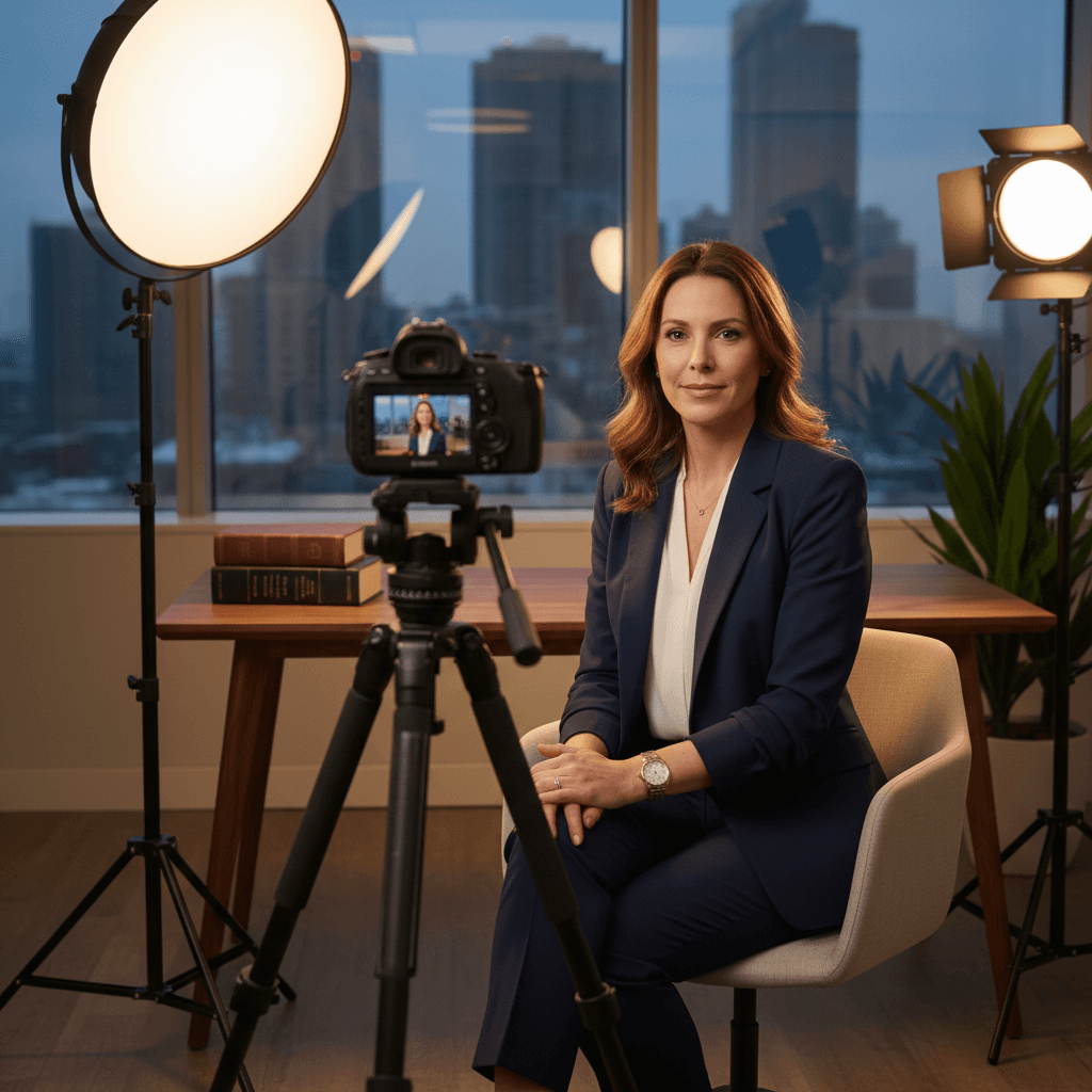 Law firm video marketing shown through a personal injury attorney recording a piece-to-camera video in a modern office
