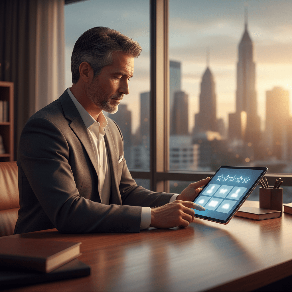 Lawyer reputation management shown through a personal injury attorney reviewing client ratings on a dashboard