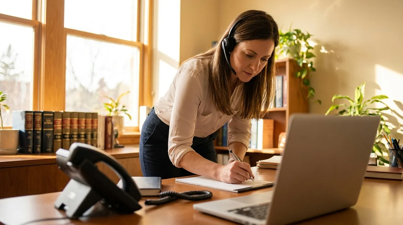 Legal intake services illustrated through an intake specialist answering a personal injury call at a law firm