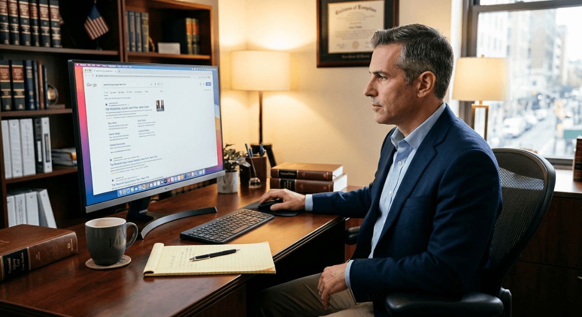 Personal injury SEO shown through lawyer reviewing Google search rankings on desktop monitor