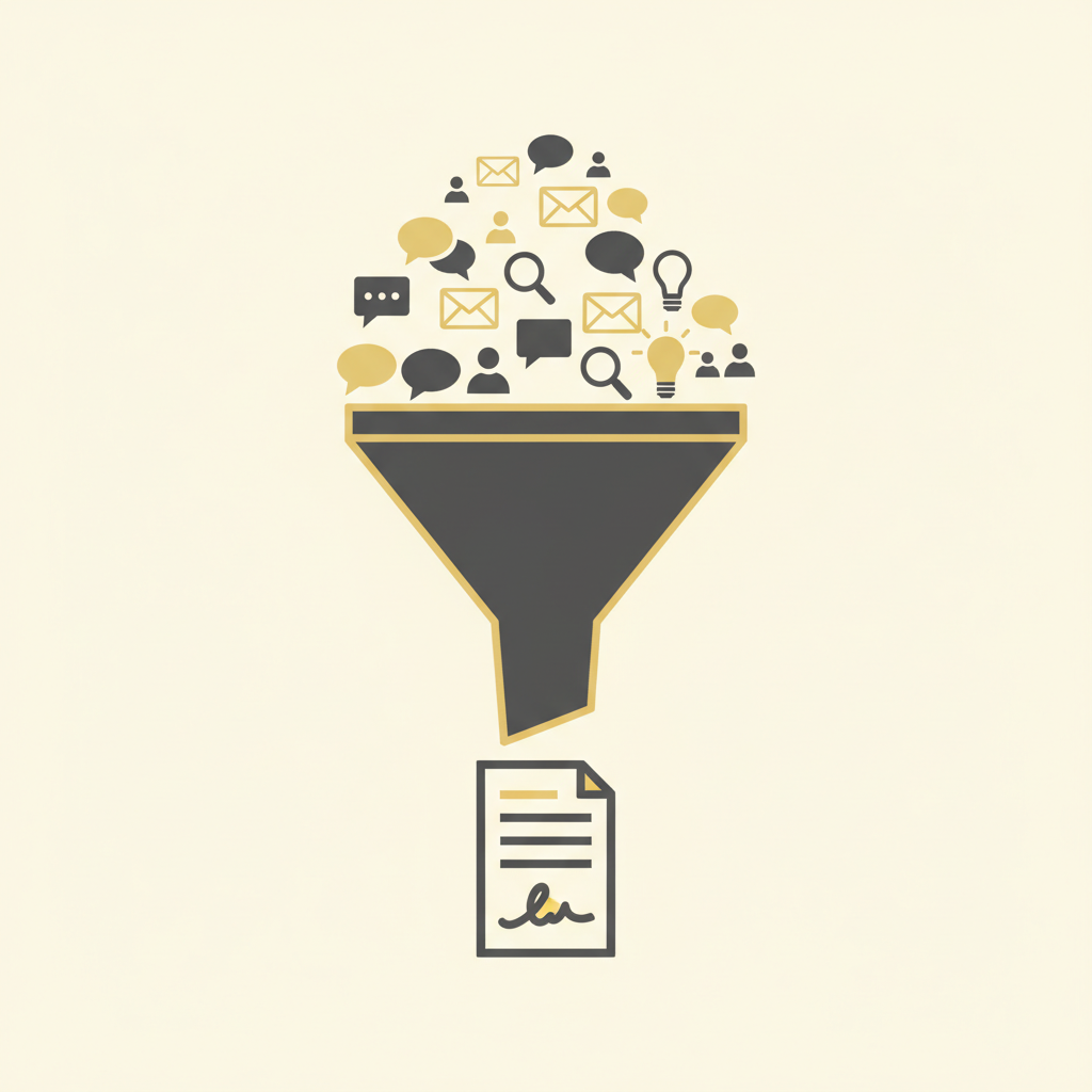 Attorney lead generation illustrated through a funnel narrowing from many leads down to one signed case