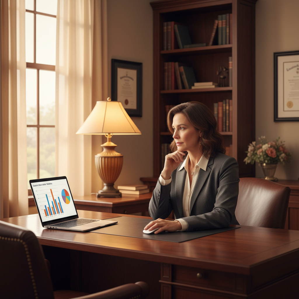 Attorney lead generation shown through a personal injury attorney reviewing client intake data in a modern law office