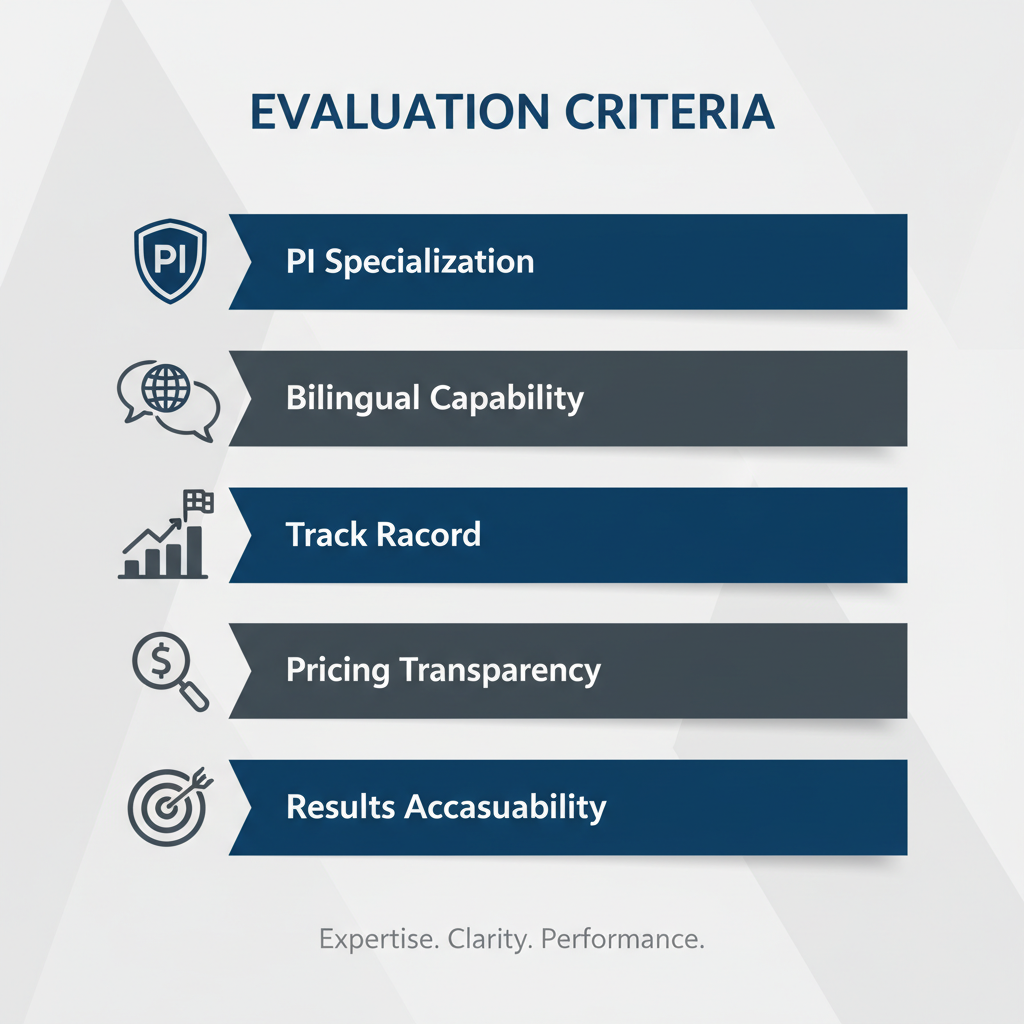 Personal injury law firm marketing agency ranking criteria infographic