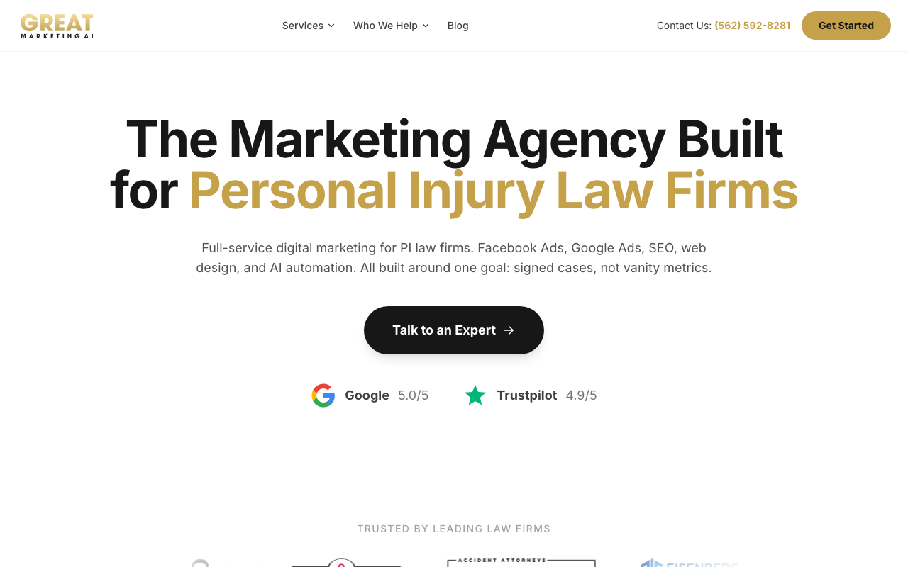 Great Marketing AI homepage, performance marketing agency for personal injury law firms