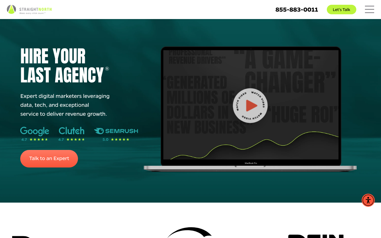 Straight North homepage, B2B and professional services marketing agency