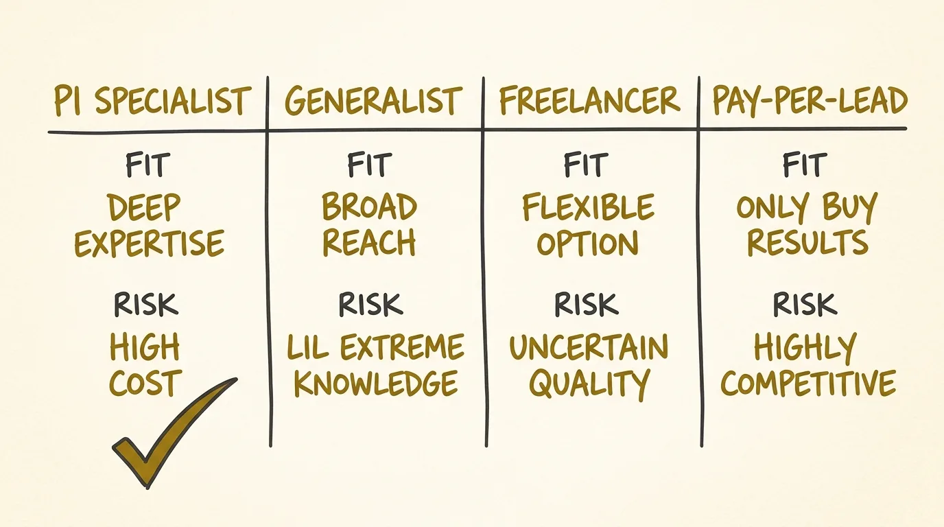 Personal injury lawyer marketing agency models compared for small firms through a napkin comparison diagram