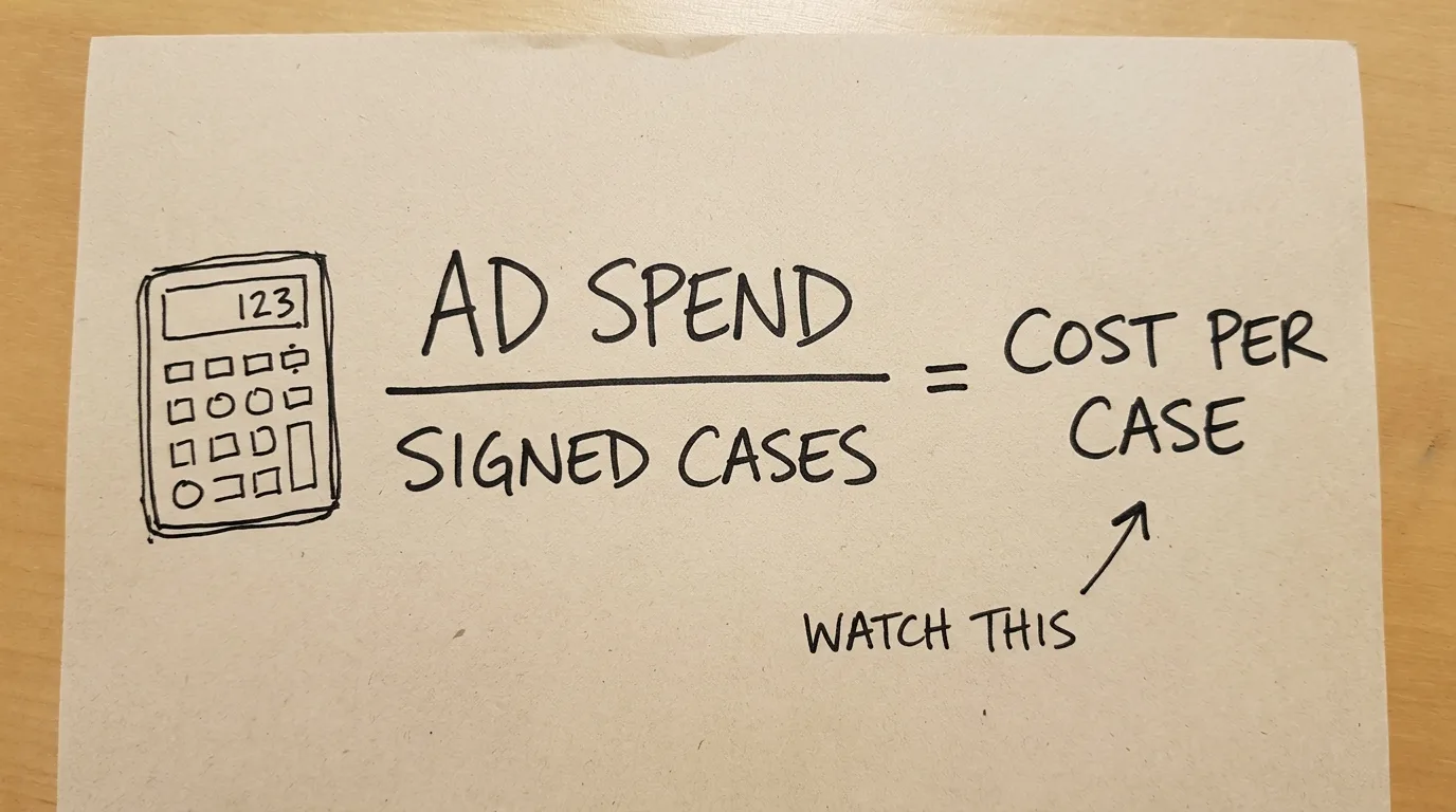 Personal injury lawyer marketing agency budgeting for small firms shown through a napkin cost-per-case equation