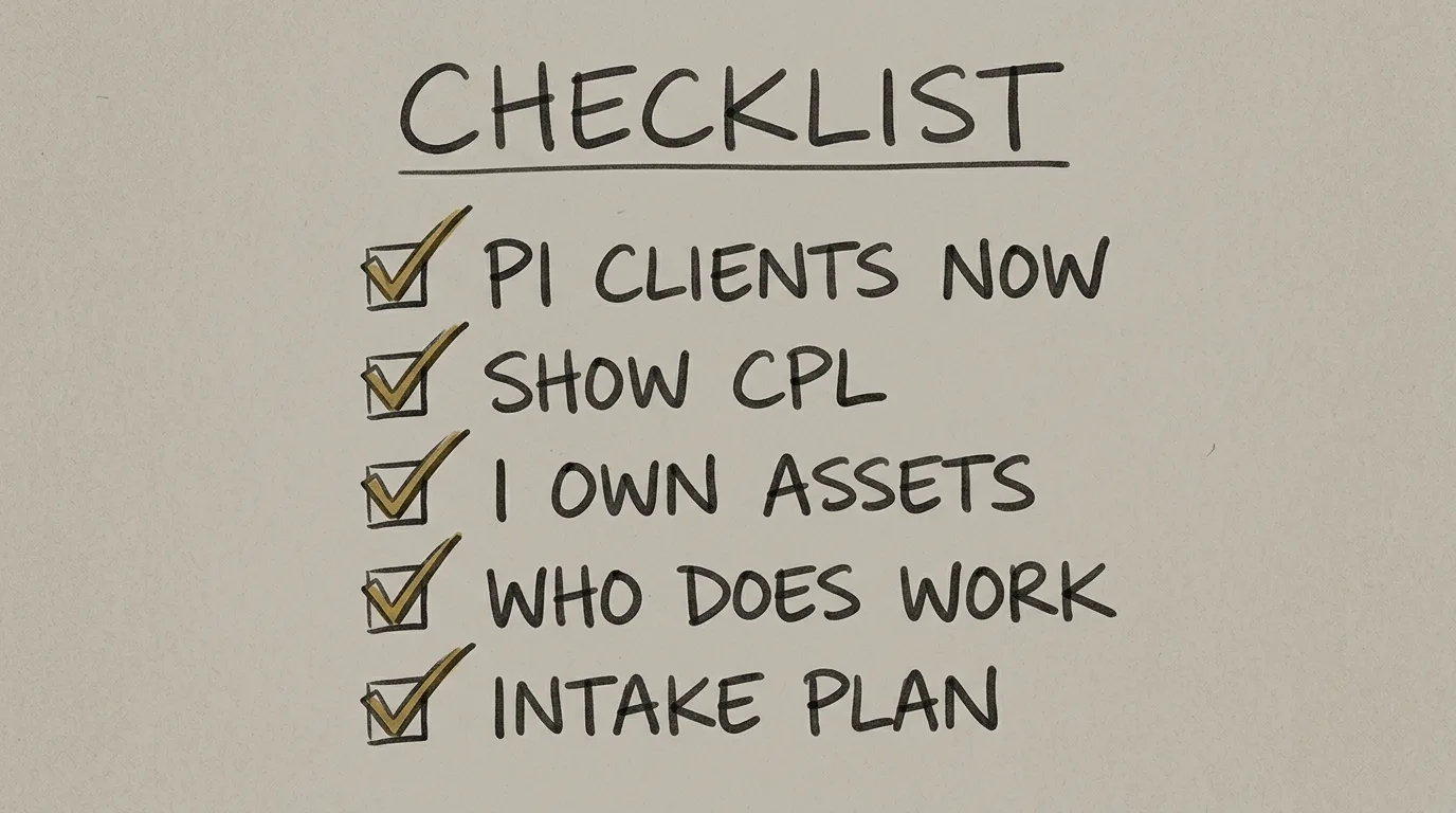 Personal injury lawyer marketing agency vetting questions for small firms shown through a napkin checklist