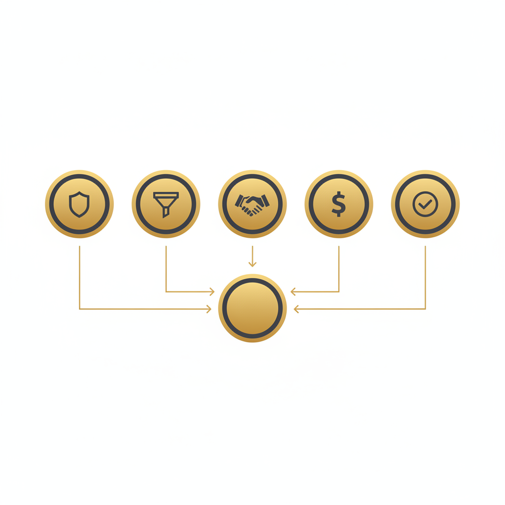 Personal injury lead generation companies illustrated through a diagram of five ranking criteria feeding a single quality score