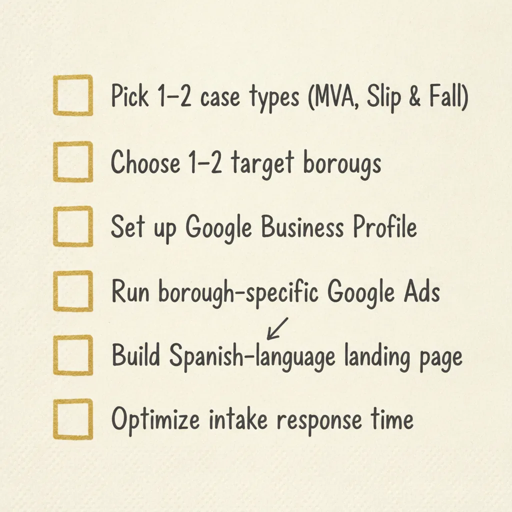 Checklist diagram showing six niche targeting steps smaller personal injury law firms can use to compete with large New York PI firms