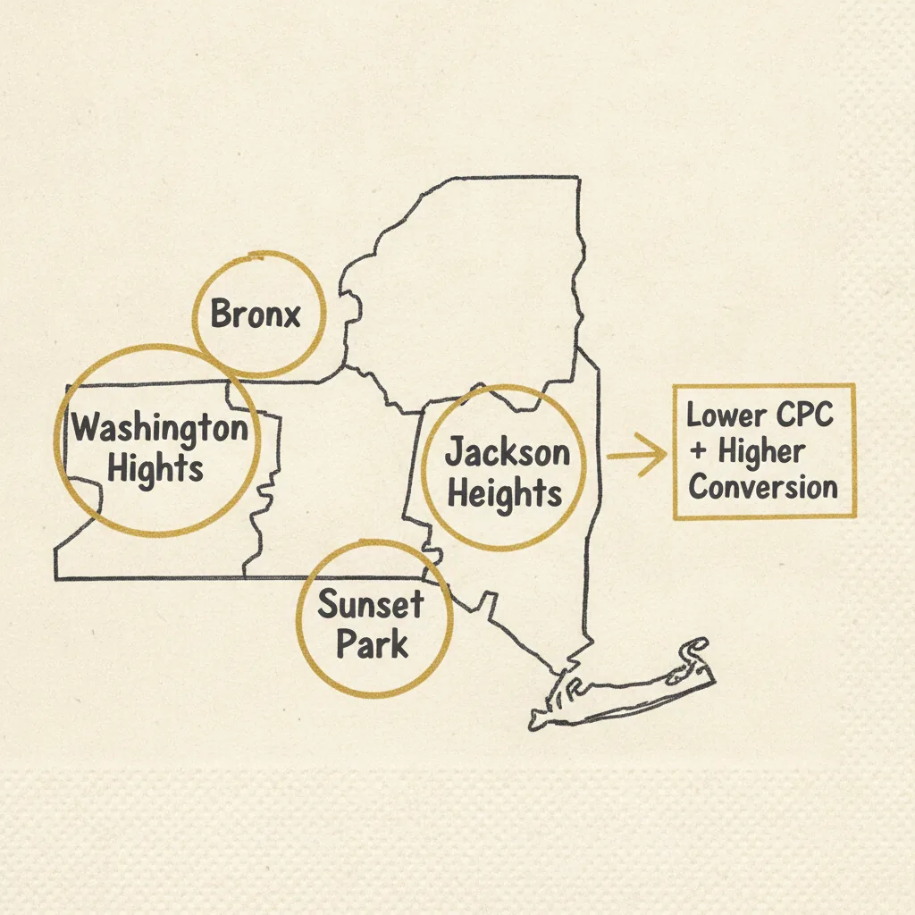 Map sketch of New York City highlighting Hispanic neighborhoods where Spanish-language personal injury marketing generates lower cost-per-lead