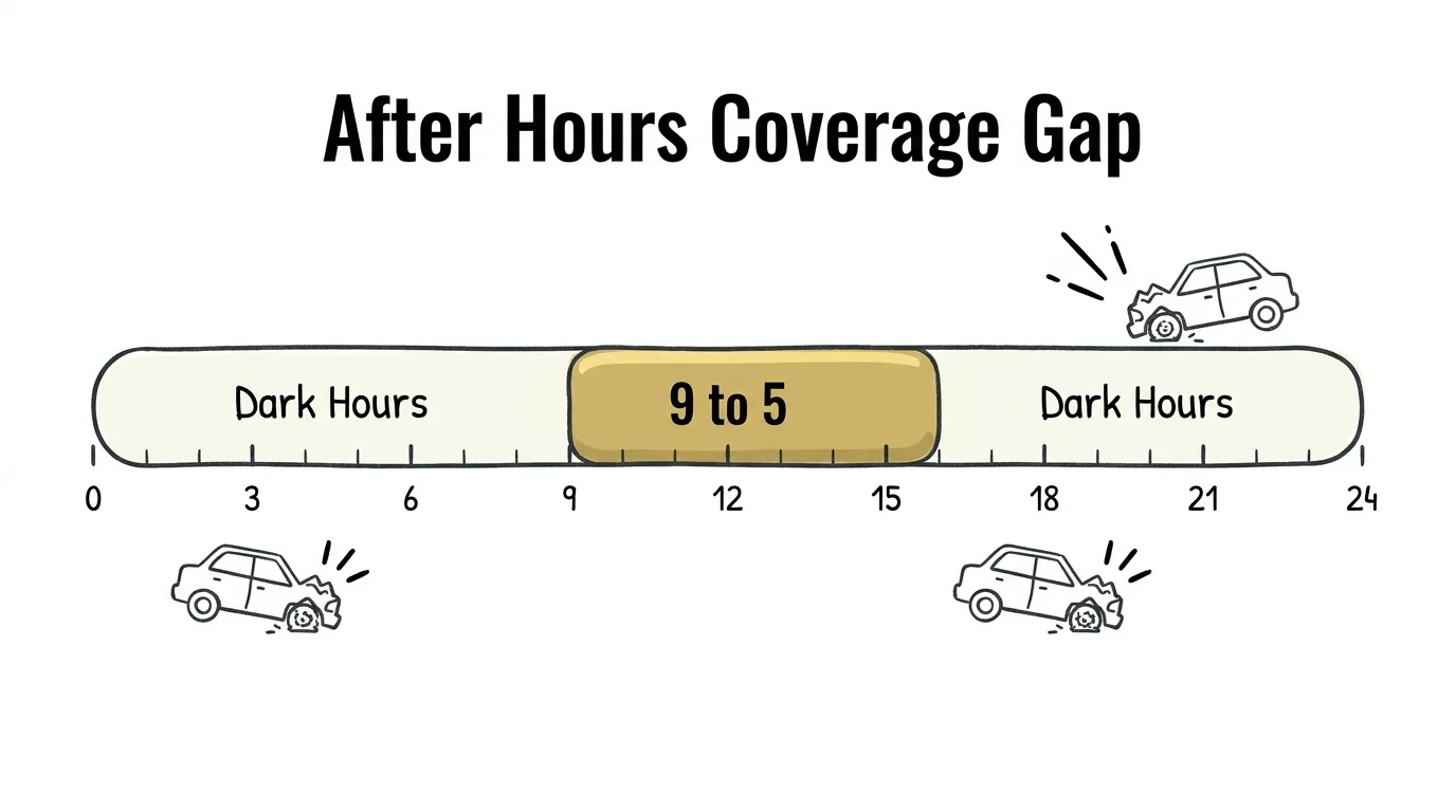 Bilingual answering service for law firms illustrated through a 24-hour timeline showing accident calls landing during uncovered after-hours periods