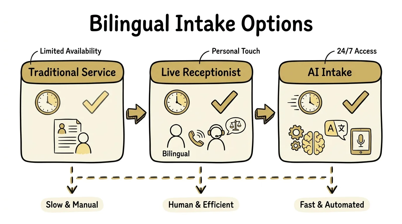 Bilingual answering service for law firms shown through three options compared from traditional service to live receptionist to AI intake