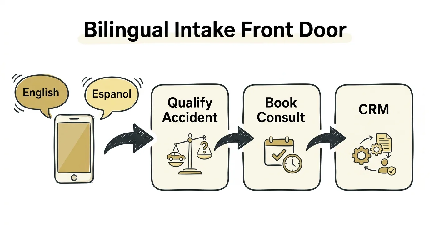 Bilingual answering service for law firms shown through a two-language intake flow from call to qualification to consultation to CRM