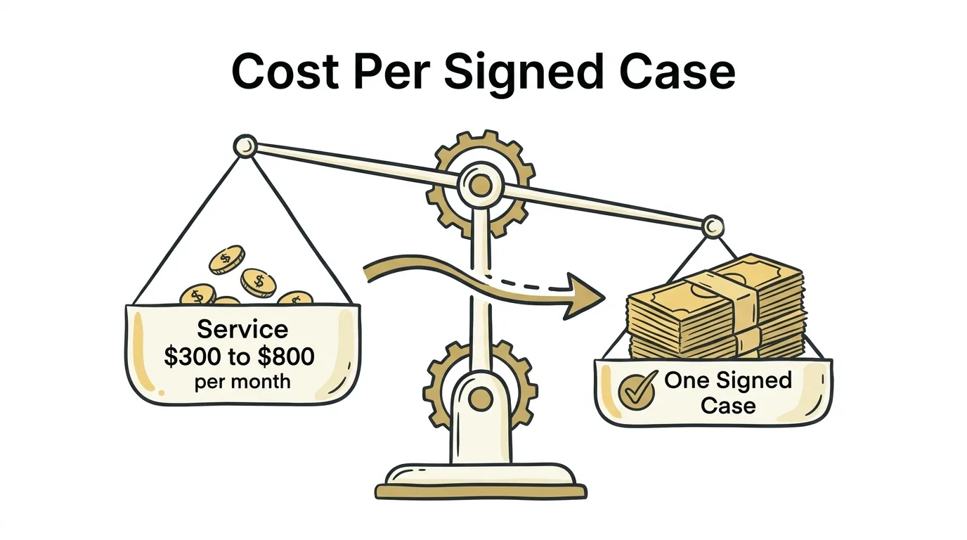 Bilingual answering service for law firms shown through a scale weighing monthly cost against the value of a single signed MVA case