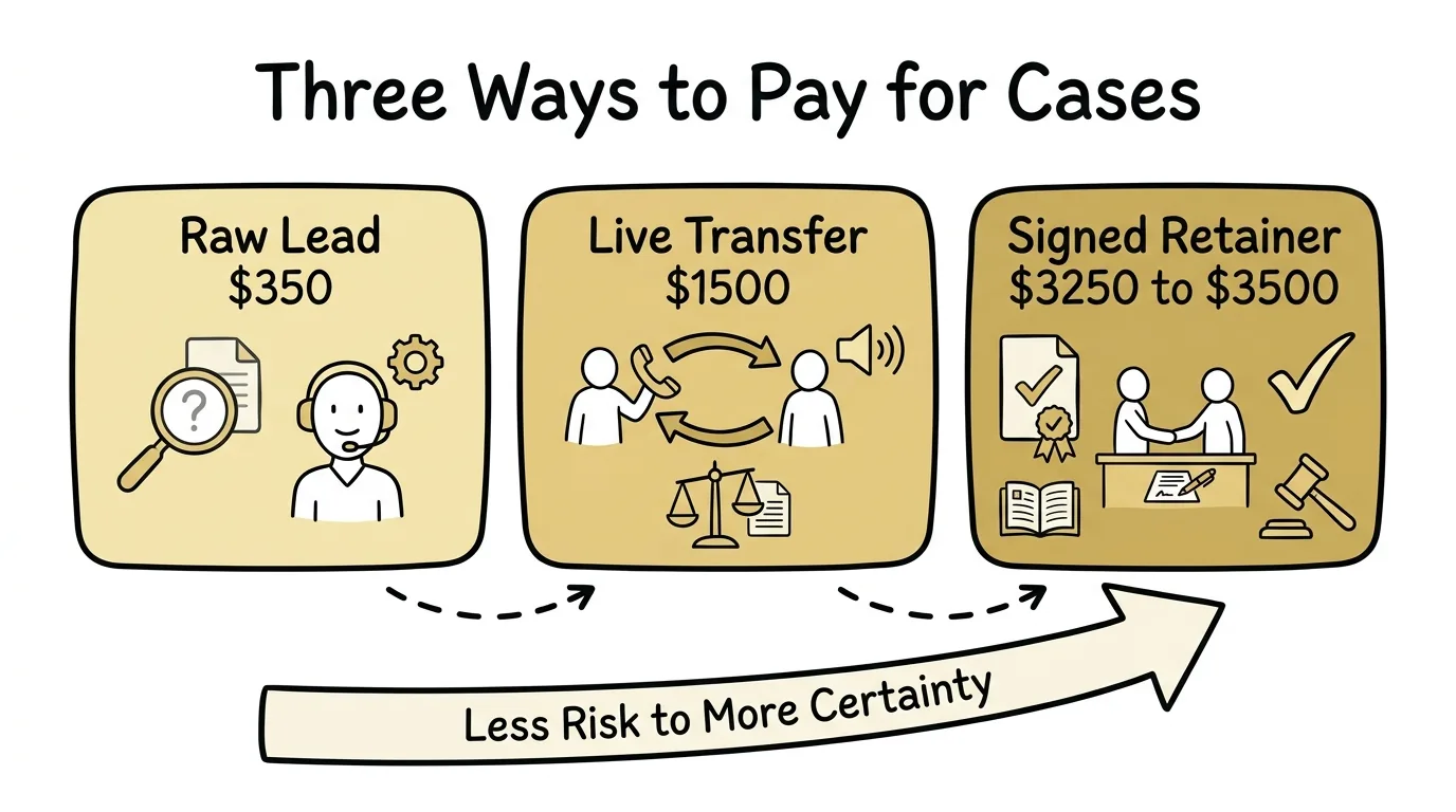Bilingual answering service for law firms illustrated through three pricing tiers from raw lead to live transfer to signed retainer