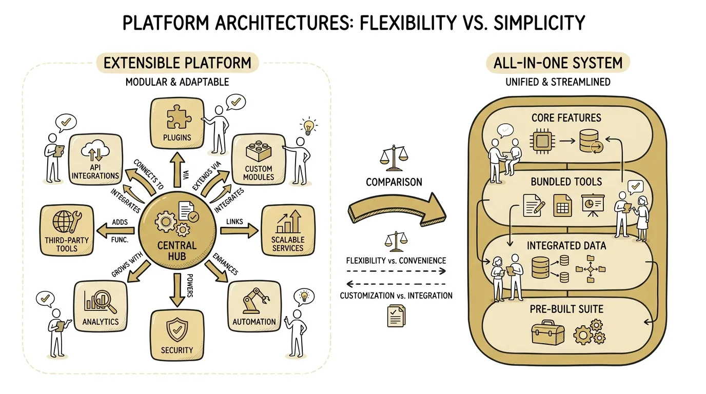 clio vs mycase illustrated through an extensible-platform layout beside an all-in-one platform layout