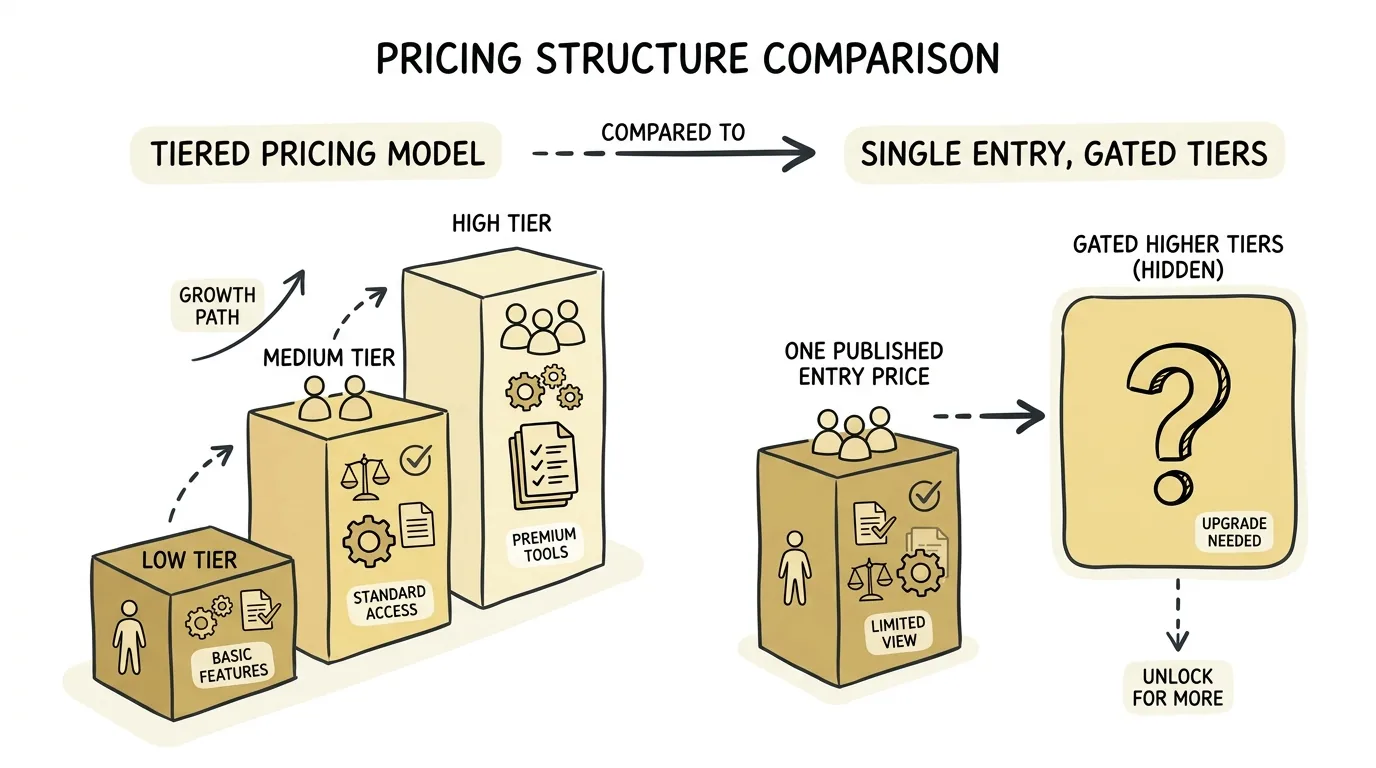 clio vs mycase pricing shown through published tier bars beside a single entry-price bar with gated higher tiers