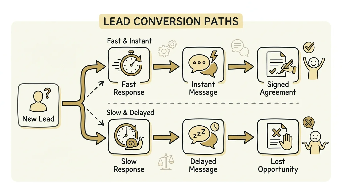 clio vs mycase shown through a speed-to-lead timeline where an instant automated response wins the signed case