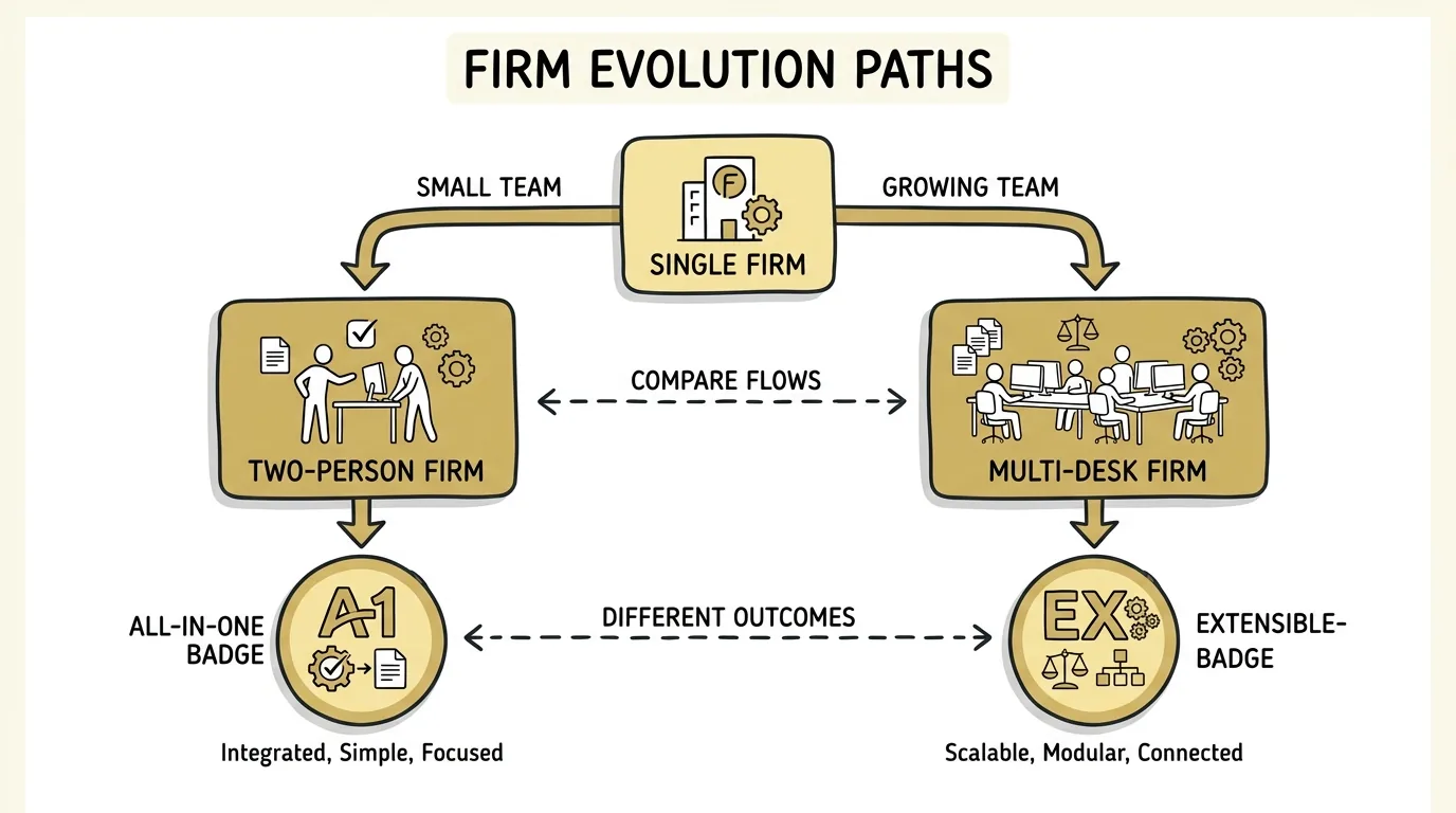 clio vs mycase verdict illustrated through a decision tree routing small firms and scaling firms to different platforms