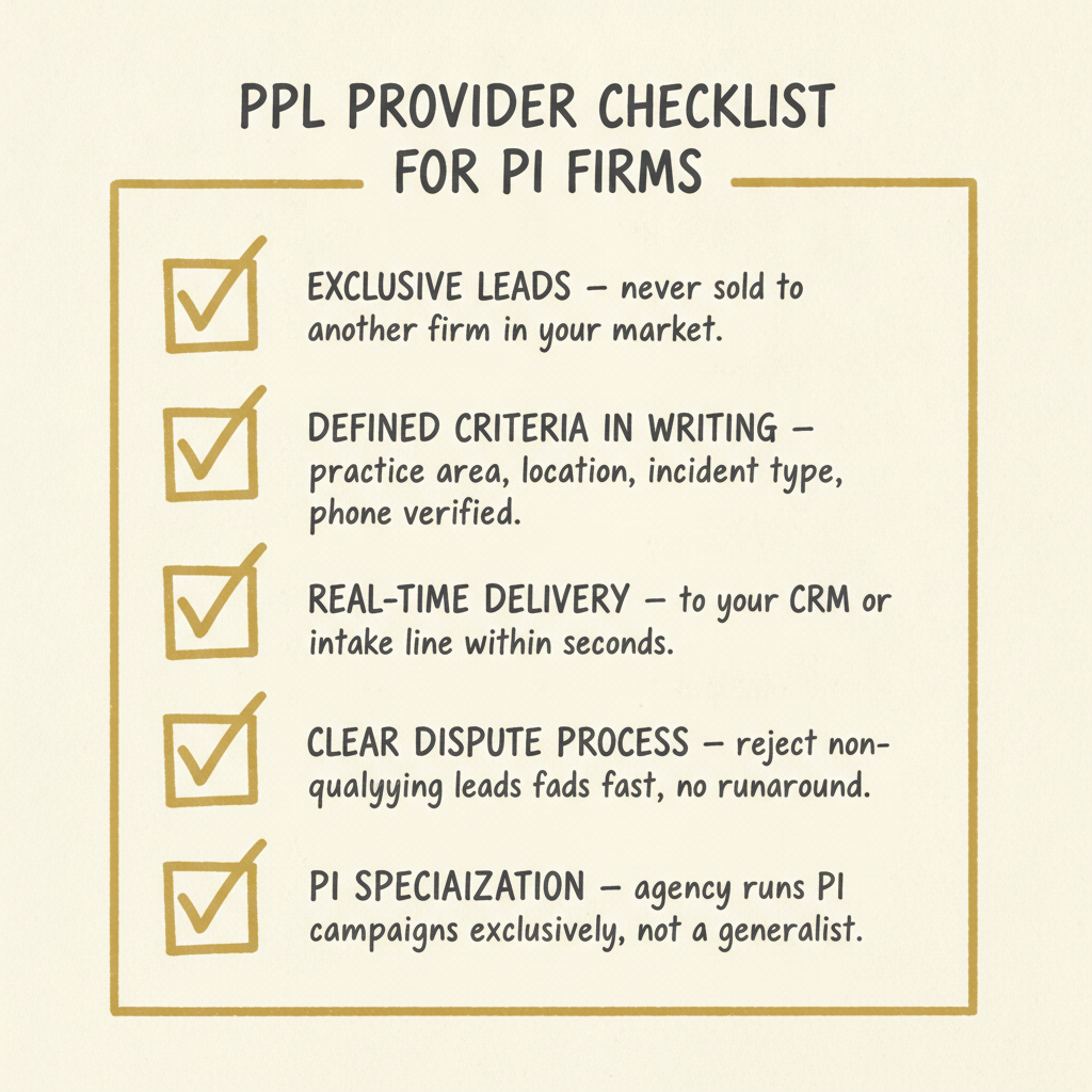pay per lead provider checklist for personal injury law firms showing five quality criteria