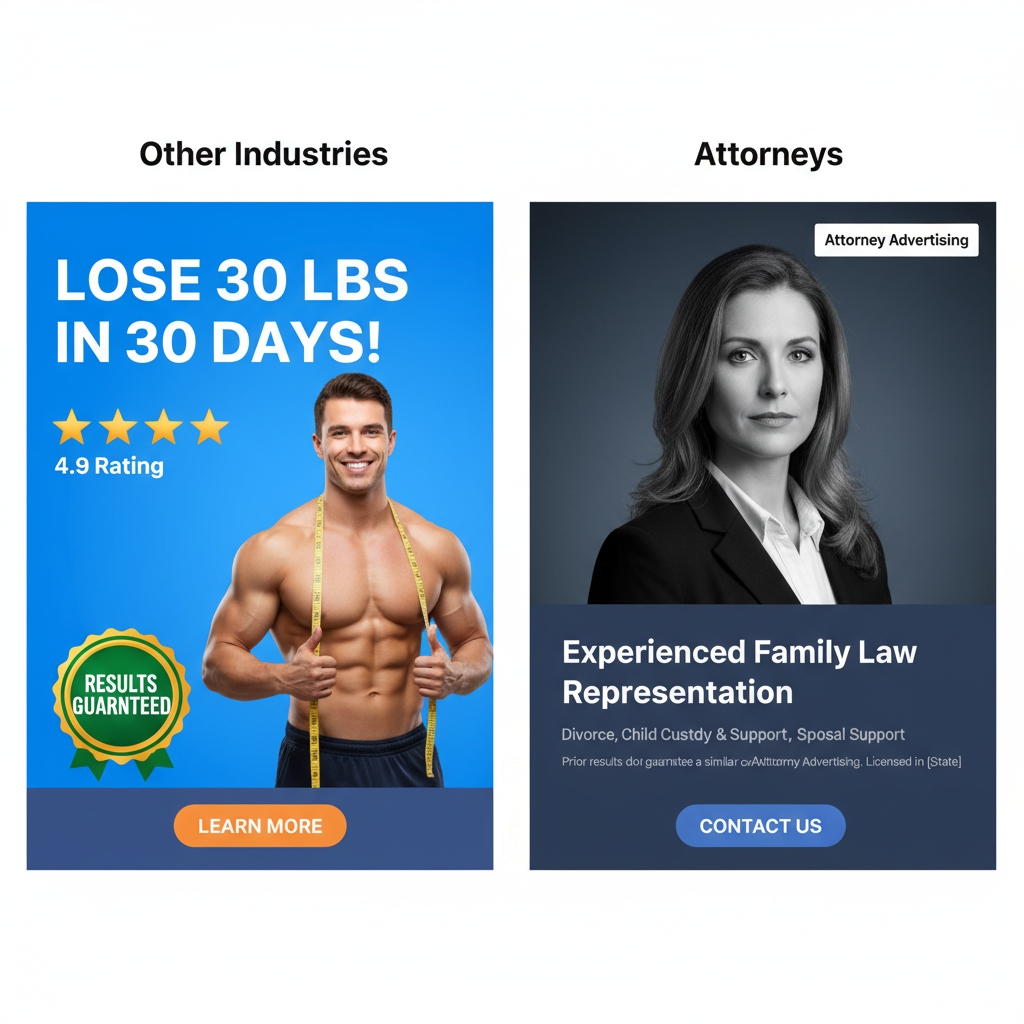 Facebook ads for attorneys compliance comparison showing restricted ad creative vs compliant attorney ad format