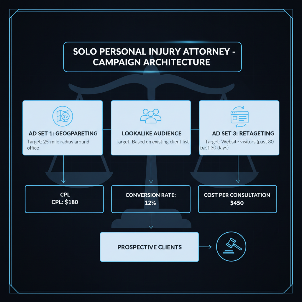 Facebook ads for attorneys solo practice campaign structure with geographic targeting, lookalike audiences, and retargeting ad sets