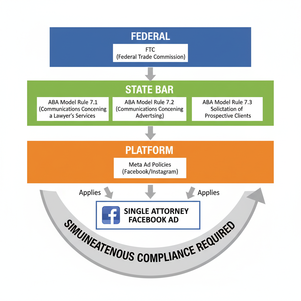 Facebook ads for attorneys compliance framework showing federal FTC rules, state bar ABA model rules, and Meta ad policies