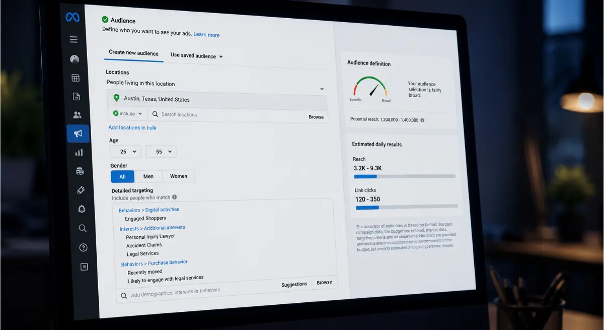 Facebook ads for personal injury lawyers audience targeting setup in Ads Manager