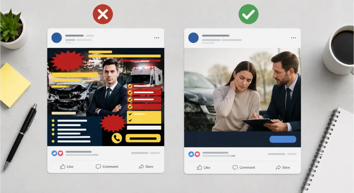 Facebook ads for personal injury lawyers creative comparison showing effective ad design