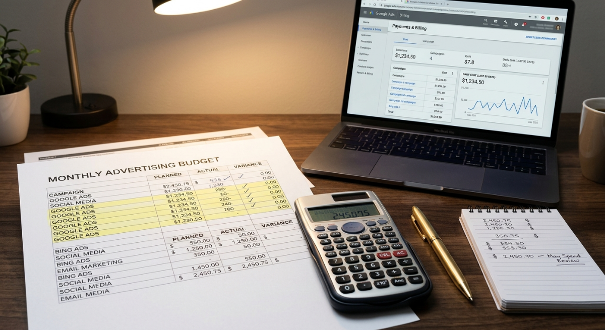 Google Ads for law firms budget allocation planning shown through desk workspace with spreadsheet