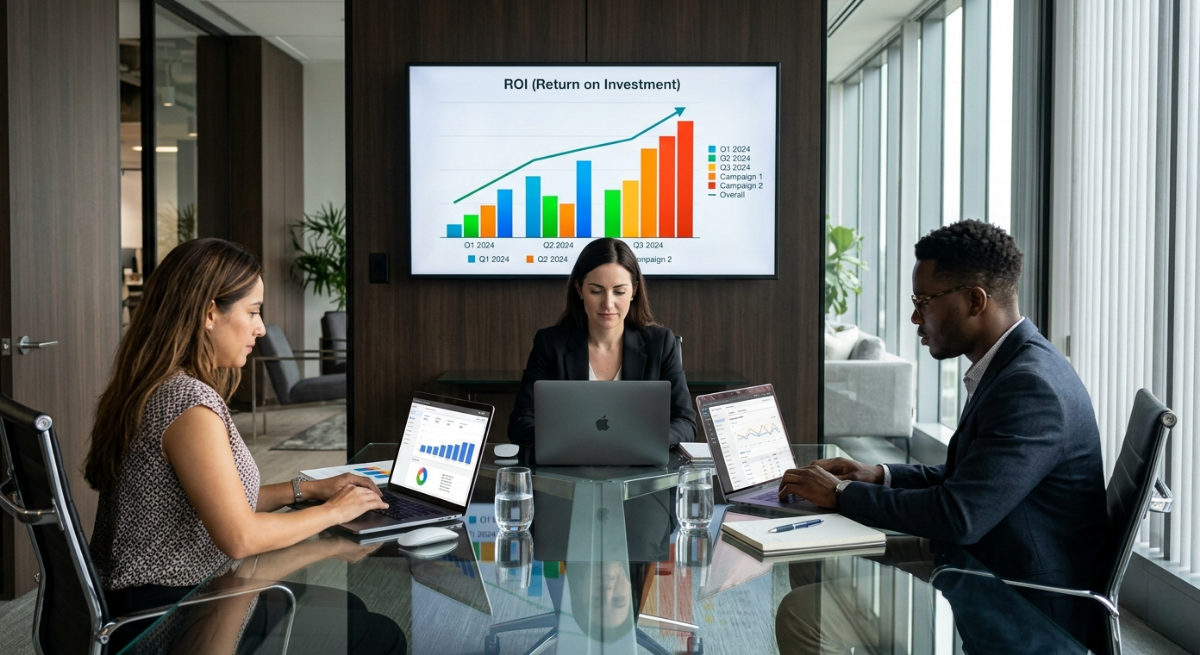 Google Ads for law firms ROI tracking shown through legal marketing team in conference room