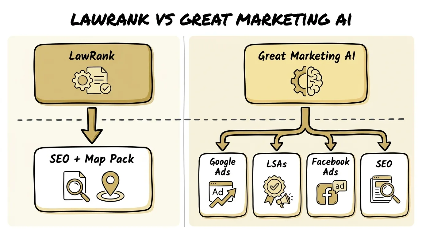 LawRank alternatives comparison illustrated through an SEO-only versus full-service agency diagram
