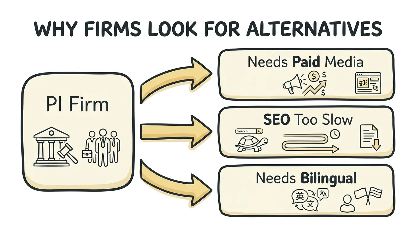 LawRank alternatives shown through a diagram of the three reasons personal injury firms switch agencies