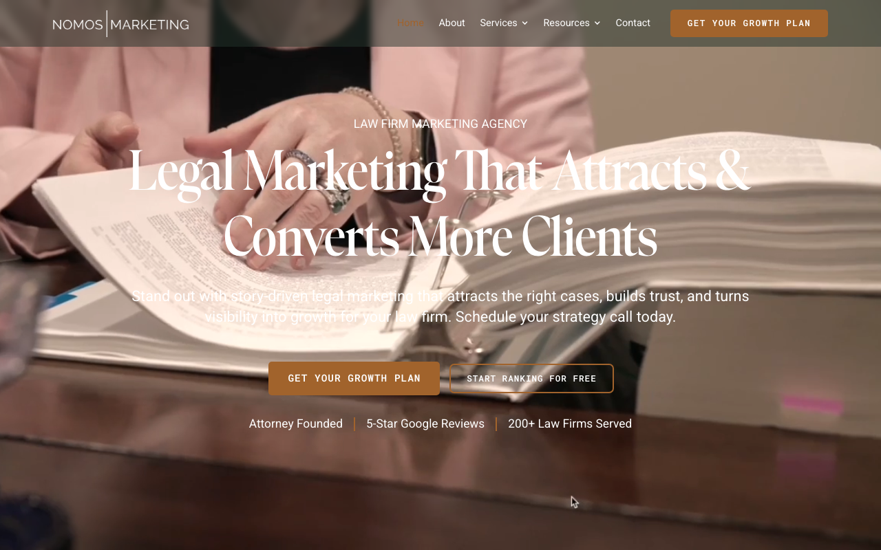 Nomos Marketing homepage, boutique legal marketing agency