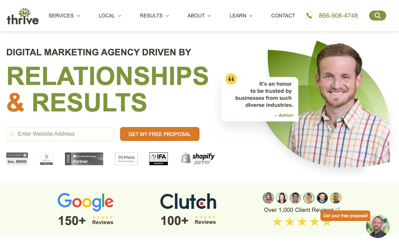 Thrive Agency homepage, full-service digital marketing for multiple industries
