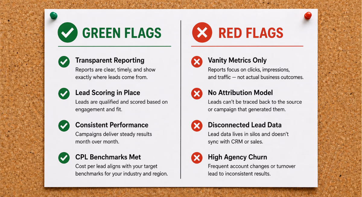 Green flag and red flag checklist for evaluating how many leads should marketing generate with a marketing agency