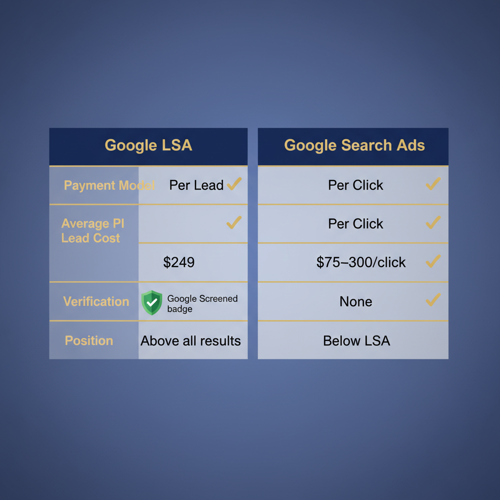 Google LSA vs Google Ads comparison for personal injury attorneys showing payment model and lead cost differences