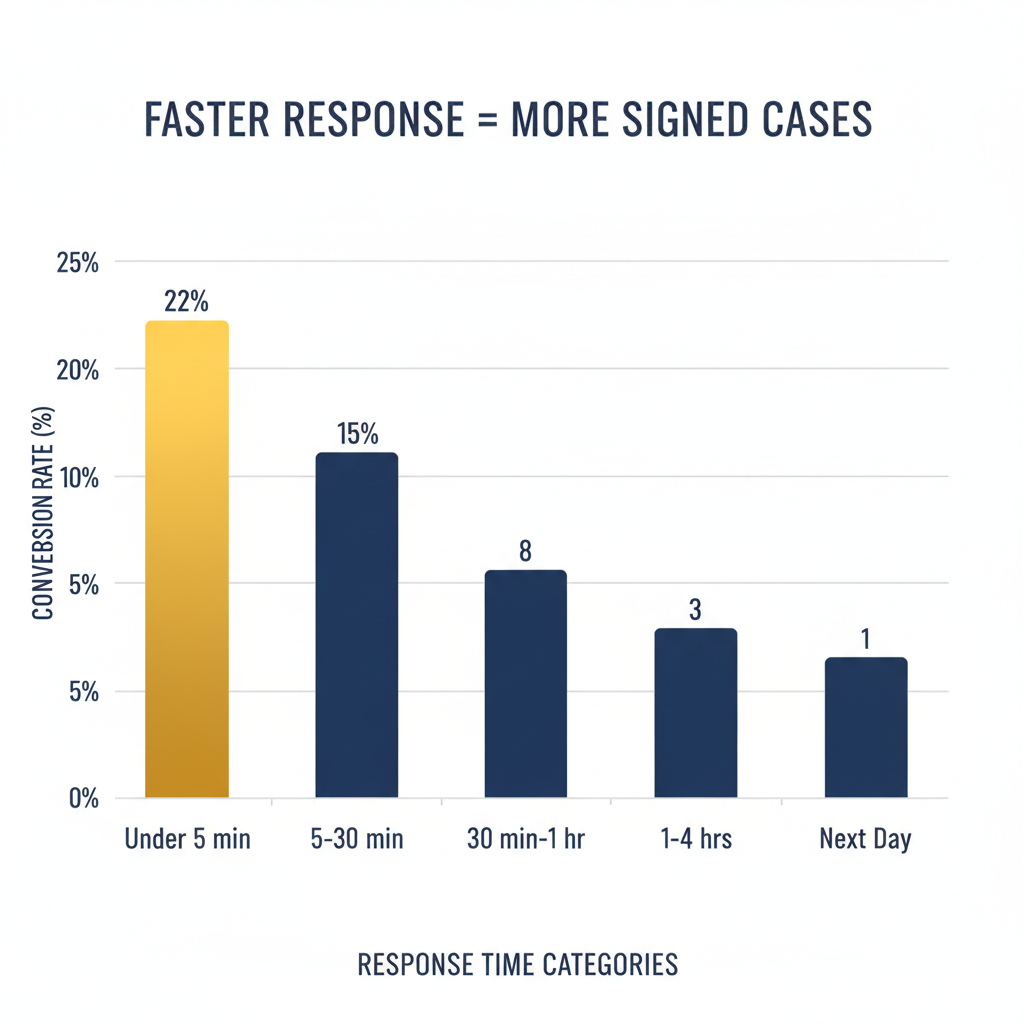 Bar chart showing personal injury intake response time versus case conversion rate demonstrating 100x difference between under 5 minutes and 30 minute response