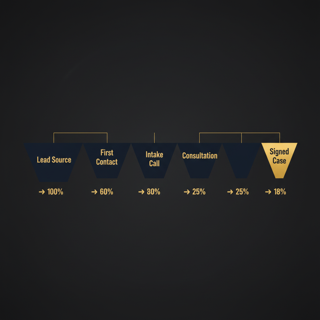 Personal injury case acquisition funnel showing conversion rates from lead to signed case